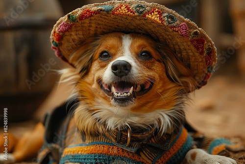 Illustration of dog is laying on the ground laughing and wearing a sombrero hat