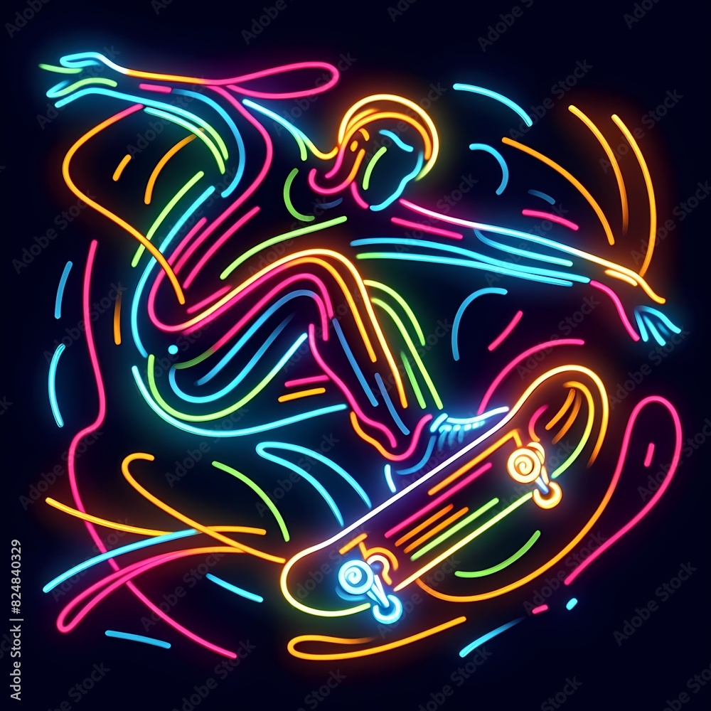 Fototapeta premium Neon Skateboarder Performing a Trick