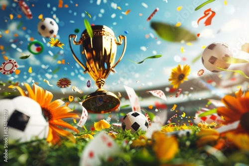sunny day on soccer field, golden trophies, poker chips, flowers and green leaves swirling in air