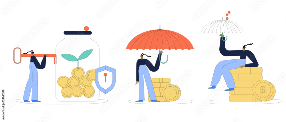Naklejka premium High interest rates concept illustration. Collections of characters opening savings account and receiving interest on deposits. Low risk investments. Vector illustrations set.
