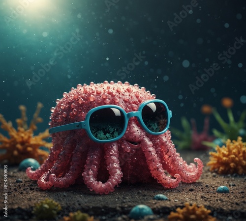 jellyfish are swimming in the ocean and the jellyfish are blue and orange. jellyfish mascot cartoon character  wearing sunglass photo