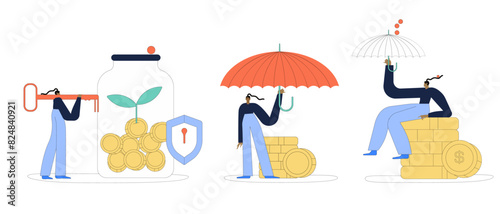 High interest rates concept illustration. Collections of characters opening savings account and receiving interest on deposits. Low risk investments. Vector illustrations set.