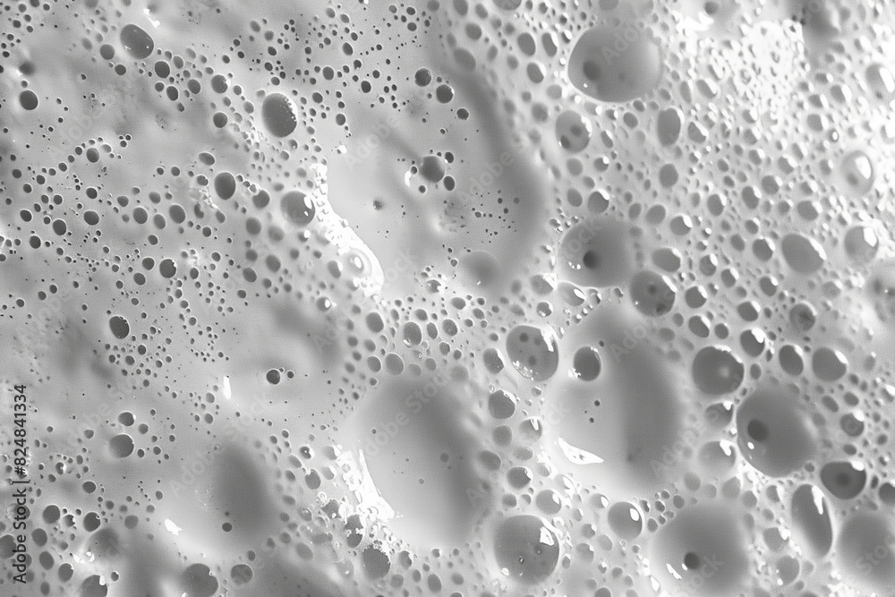 White foamy texture in motion top view. Cosmetic facial skin cleanser, shower gel, shaving foam background. Creamy cleansing skincare product bubbles. Soapy substance. Bubble backdrop. Washing liquid