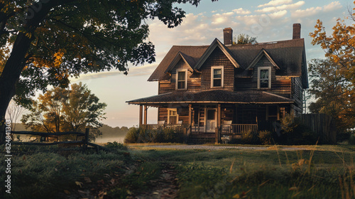 A peaceful, evening in September, and the exterior of a 1915 craftsman farmhouse, with its rustic, wooden siding, a wide, covered porch, and a picturesque, rural landscape. 