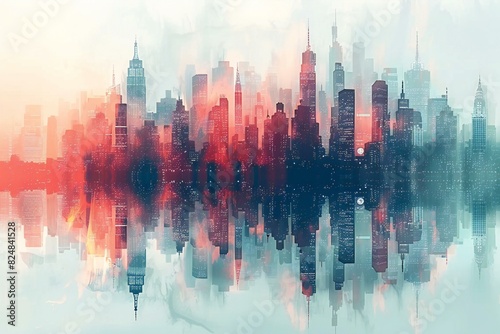 Digital image of  cityscape with tall buildings with reflection over a background photo