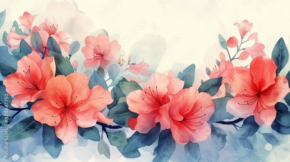 Delicate watercolor painting of red and pink flowers with green leaves on a white background. Delicate watercolor painting of red and pink flowers with green leaves on a white background.