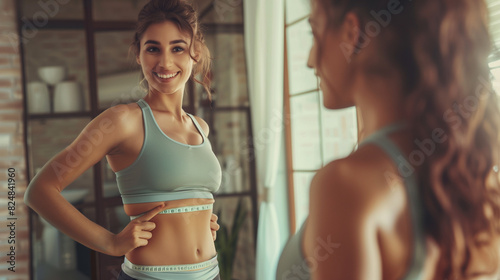 Reflection in mirror of happy woman measures her slim waist with tape measure, with neutral tones of room colors, moderate depth with room details, joyful expression, and fitness goal.