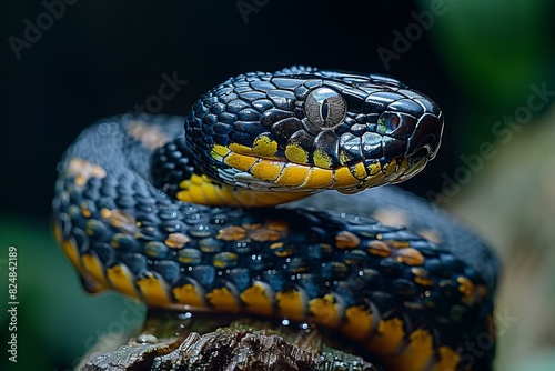 Featuring a black and yellow snake standing on top of wood