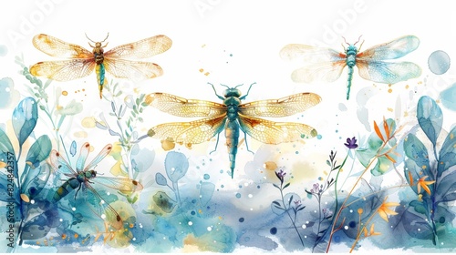 Graceful dragonflies flit among the flowers in this watercolor painting. The soft, muted colors create a sense of peace and tranquility. photo