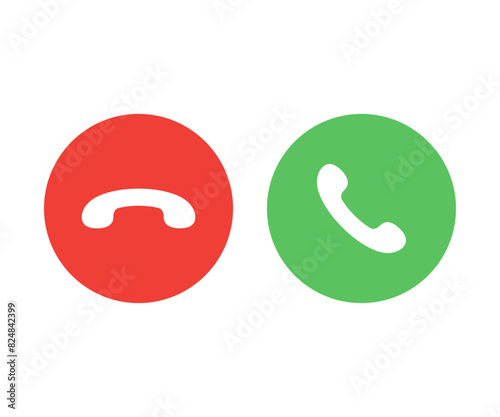 Red and green yes no buttons icon. Answer and decline symbol. Accept call and decline phone icons.