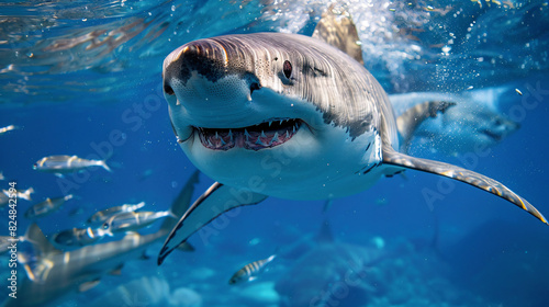 Great white shark underwater close up. Great white shark swimming underwater in blue ocean surrounded by fish. © kosarit
