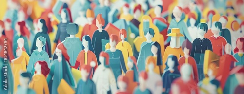 A large crowd of people from a top down view. The people are all different colors and wearing different clothes. They are all facing the same direction.