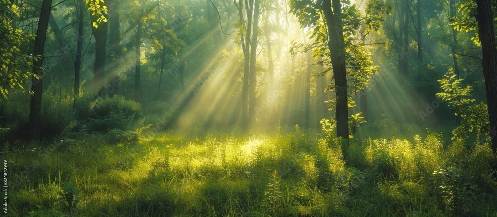 Fototapeta premium Sunlight penetrates the green trees in the forest.