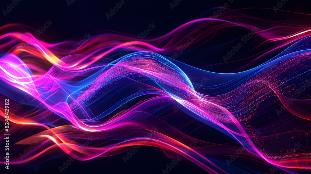 Vibrant Neon Data Streams Flowing in Dynamic Waves Across a Captivating Black Backdrop
