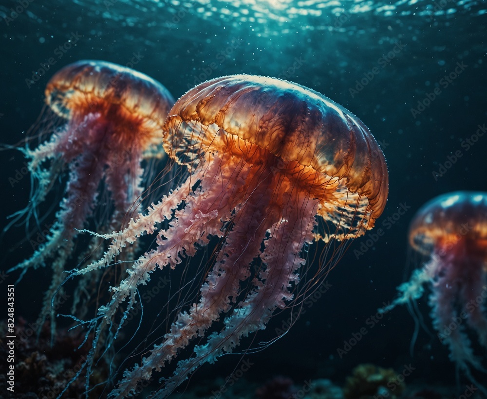 jellyfish are swimming in the ocean and the jellyfish are blue and orange. jellyfish mascot cartoon character wearing sunglass jellyfish are swimming in the ocean and the jellyfish are blue and orange. jellyfish mascot cartoon character wearing sunglass