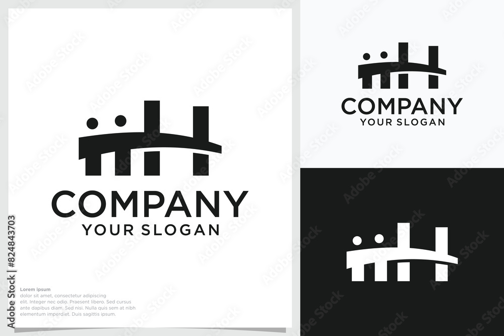 Obraz premium Bridge people community vector logo design monoline outline vector icon illustration