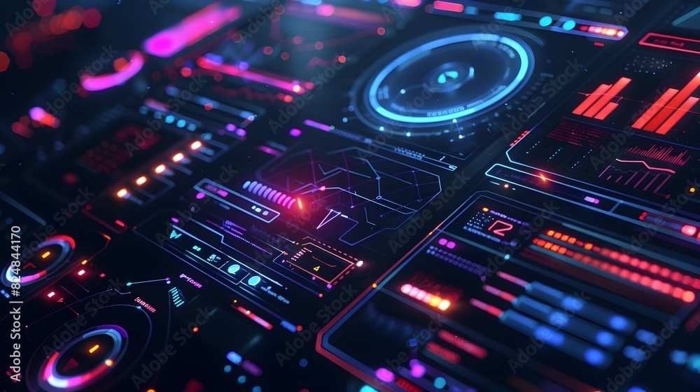 Digital Holographic Data Interface with Neon Lights and Futuristic Backdrop