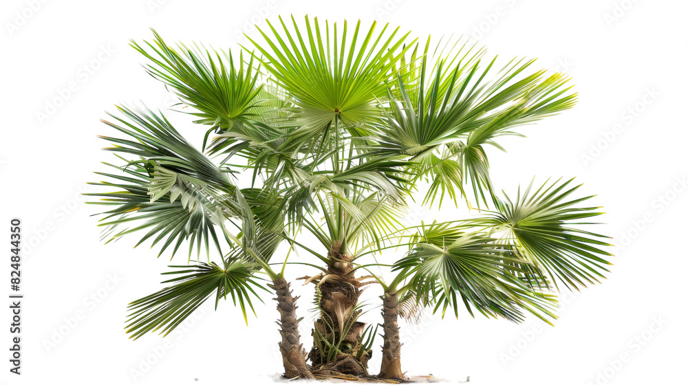 Fototapeta premium Three palm trees are prominently displayed against a plain white backdrop