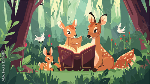 Deer reads a book to baby animals. Magic fairy tale illustration