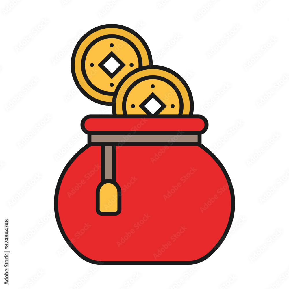 Naklejka premium Chinese New Year Coin Bag Icon With Lineal Color Design Style