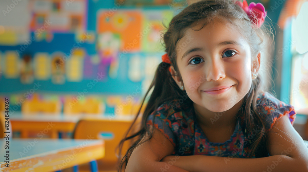 Happy Hispanic girl learning during class at elementary school and looking at camera, with bright tones of classroom color Happy Hispanic girl learning during class at elementary school and looking at camera, with bright tones of classroom color