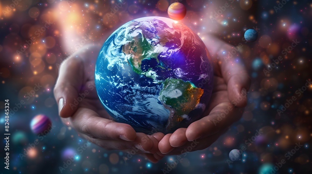 A sphere of earth floating in hands, many planets around it, universe background