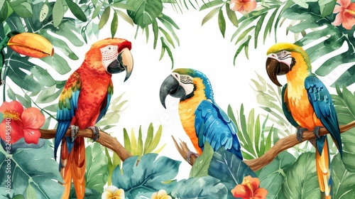 Parrots in the jungle, Scarlet macaw, Blue-and-gold macaw, Green-winged macaw, Tropical leaves, Exotic flowers. © admin_design