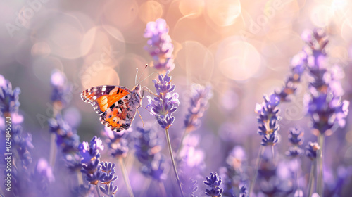 Beautiful butterfly in lavender field on summer day cl