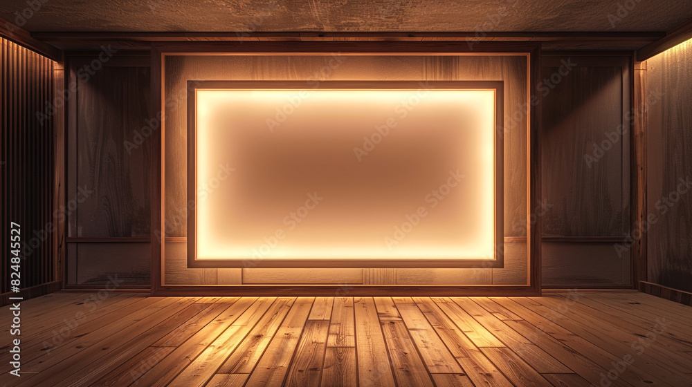 Stylish room with a wooden floor and a blank wooden frame lit by a bronze light border.