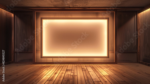 Stylish room with a wooden floor and a blank wooden frame lit by a bronze light border.