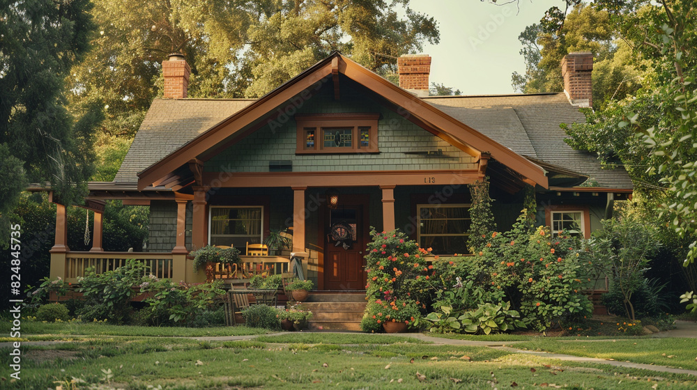 A tranquil, summer evening, and the exterior of a 1910 craftsman bungalow, with its decorative, wooden trusses, a welcoming, covered porch, and a peaceful, natural landscape. 