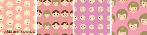 Four creative patterns pack, comely girlish faces. Multipurpose use, feminine guise, continuous flat vector illustration.