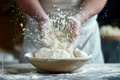 Close-up of hands kneading dough with flour dusting in air, capturing the art of baking photo