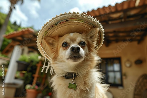 A dog wearing a sombrero in front of a house, high quality, high resolution