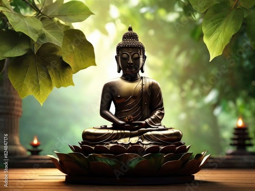 Buddha statue with nature background and temple bokeh  Vesak day celebration - generative ai