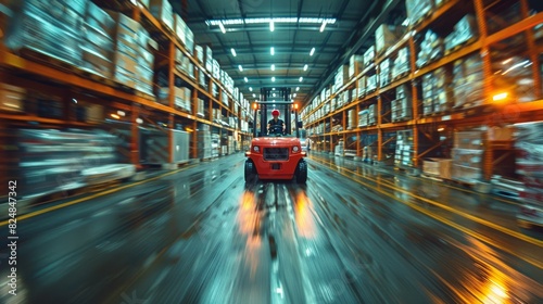A dynamic image capturing motion inside a warehouse with shelves and a forklift operated by a person