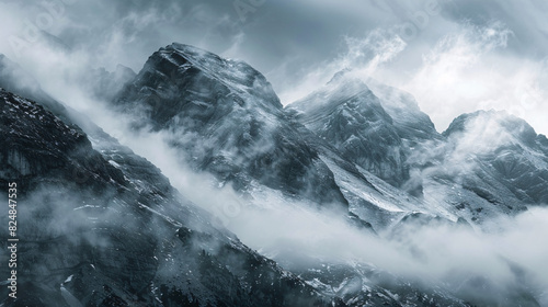 Misty mountain peaks. Dramatic image of snow-capped mountain peaks shrouded in mist, evoking a sense of mystery and adventure.