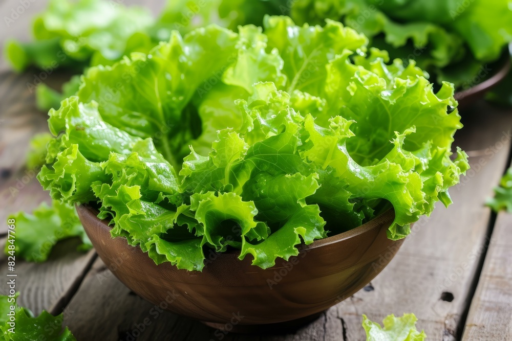 Vibrant green lettuce leaves in a rustic wooden bowl on a wooden background Vibrant green lettuce leaves in a rustic wooden bowl on a wooden background