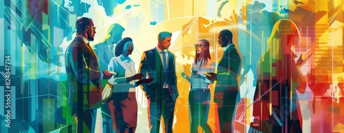 A group of diverse business professionals in suits and formal attire are having a meeting in a modern office space with colorful abstract background.