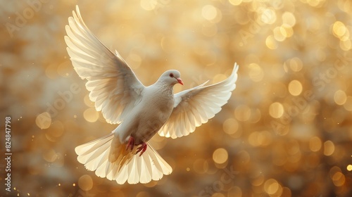 Beautiful image of a white dove in flight captured against a golden bokeh background, evoking a sense of wonder © familymedia