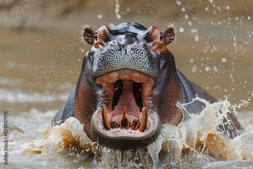 The hippo is showing off its teeth in the water, high quality, high resolution photo