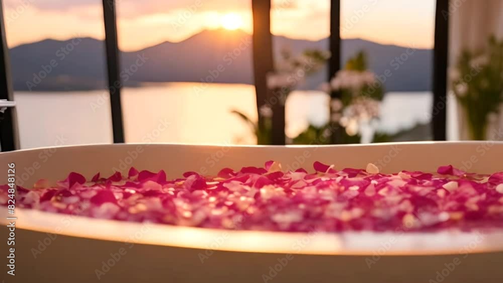 Bathtub with rose petals and candles prepared for relaxation