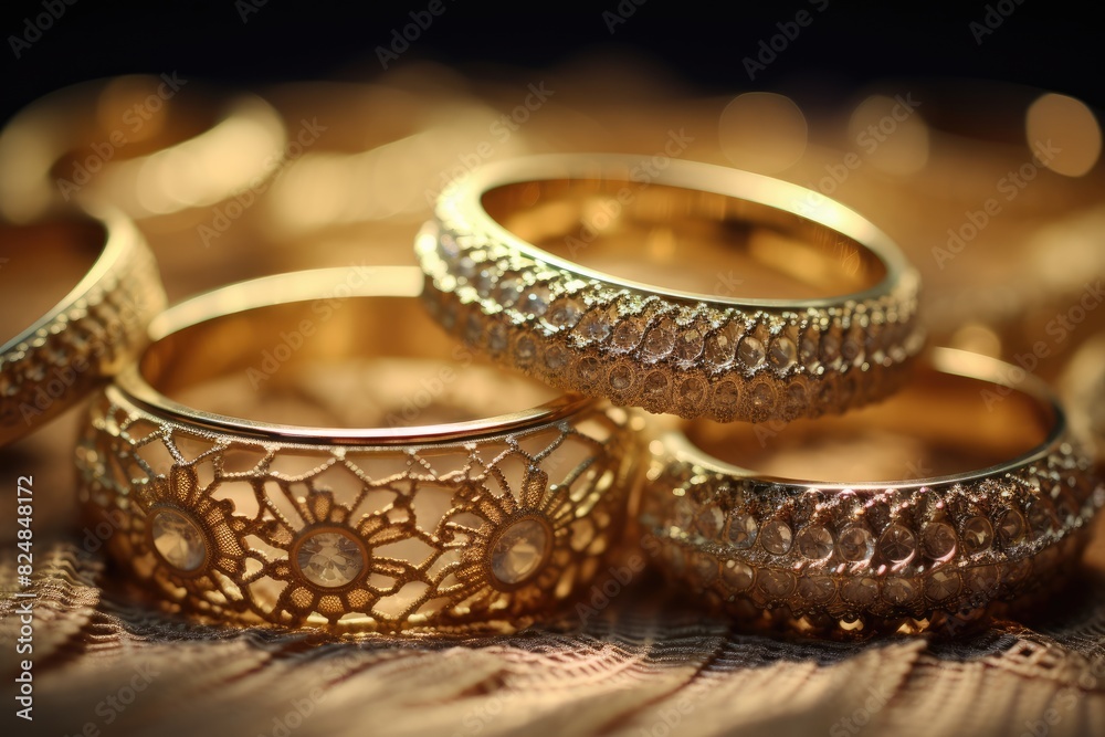 Rings arranged on a lace doily with soft focus lights.