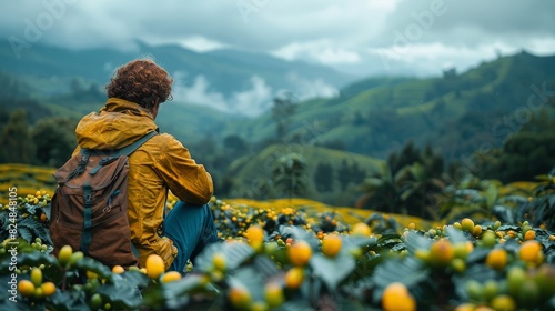 A traveler seated among citrus plants taking in the view of foggy hills in the distance