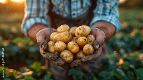 A farmer presents a handful of freshly harvested potatoes with soil still clinging to them, symbolizing organic farming