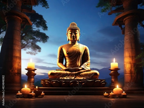 Buddha statue with nature background and temple bokeh  Vesak day celebration - generative ai