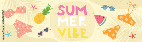 Summer atmosphere header  banner. Trendy vector illustration with swimsuits  starfish  tropical fruits and sunglasses on a beach background for poster  card  banner  invitation. Sunny border