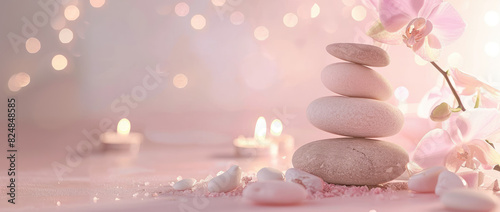 A stack of balanced stones with an orchid flower on the right side  against a soft pink background with candles in the foreground.