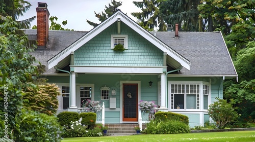 Craft man house exterior painted in mint green with white accents