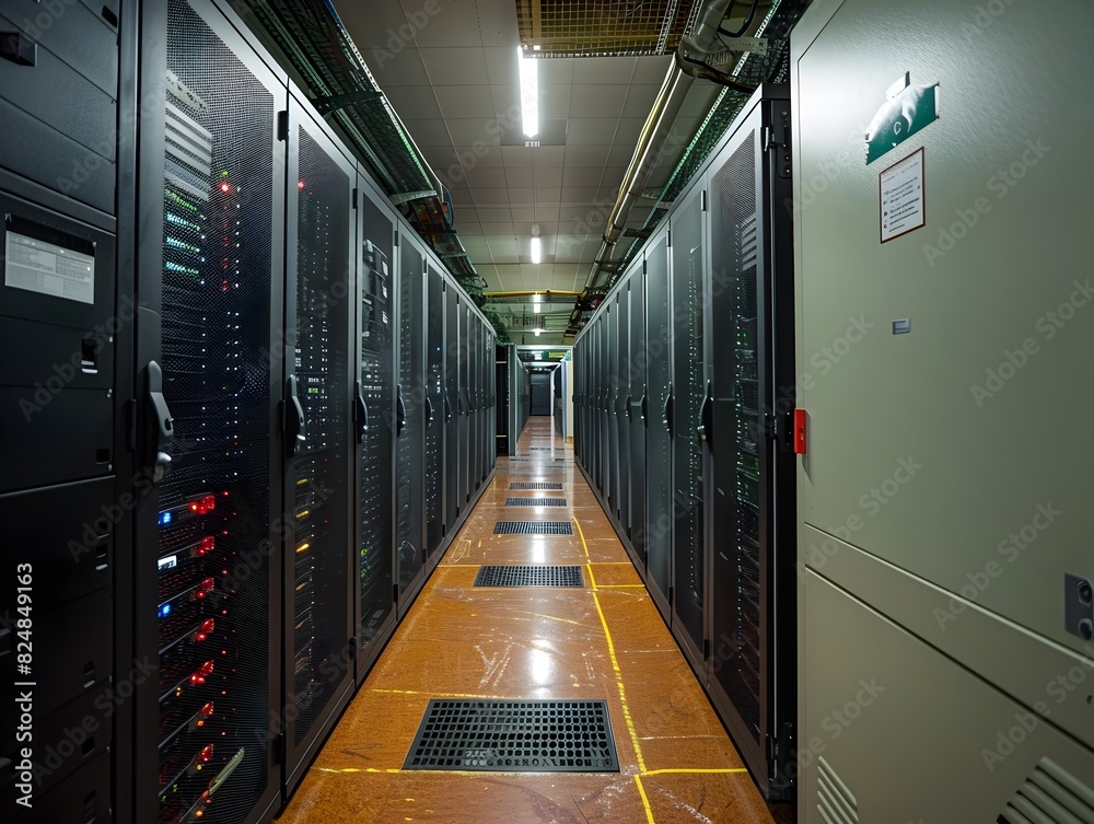 Fototapeta premium Advanced IT Infrastructure HighTech Server Room Equipped with StateoftheArt Equipment